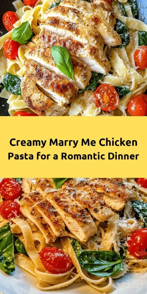 Whip up a romantic dinner with this irresistible Marry Me Chicken Pasta! Tender chicken breasts cooked to perfection are combined with a creamy garlic sauce, cherry tomatoes, and fresh spinach. Tossed with fettuccine and topped with rich Parmesan, this dish is sure to impress. Perfect for a special occasion or a cozy night in, this recipe promises a delightful dining experience. Serve it up with fresh basil for a beautiful finish! 🍝💍