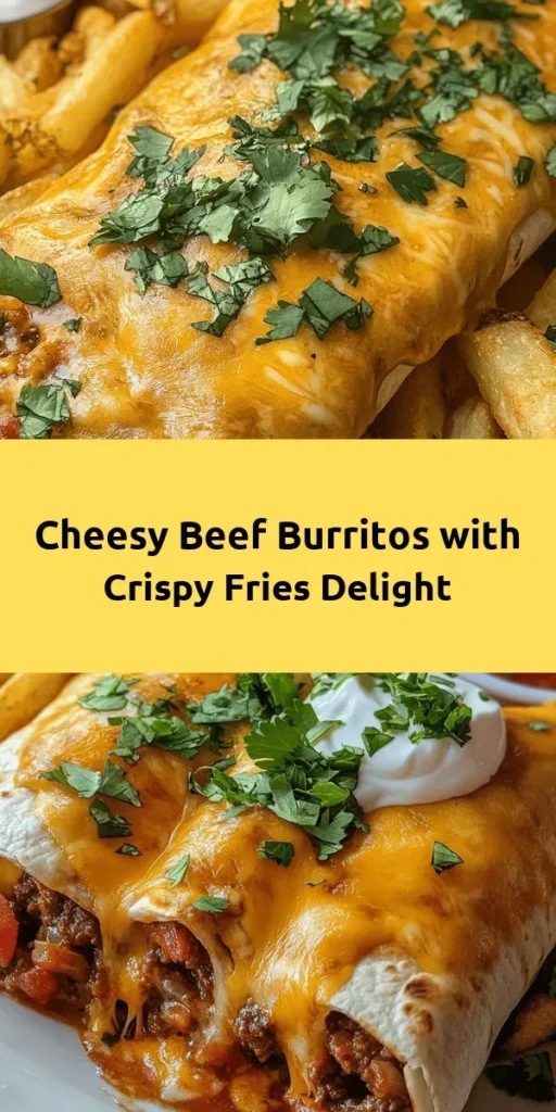 Indulge in these mouthwatering Cheesy Beef Burritos paired with Crispy Fries! This simple and comforting recipe features seasoned ground beef enveloped in warm flour tortillas, topped with melted cheddar, sour cream, and salsa. Serve alongside golden, crispy fries seasoned with garlic and smoked paprika for the perfect crunch. Easy to prepare and oh-so-satisfying, these burritos and fries are sure to become a family favorite! Enjoy a delicious meal in just an hour!
