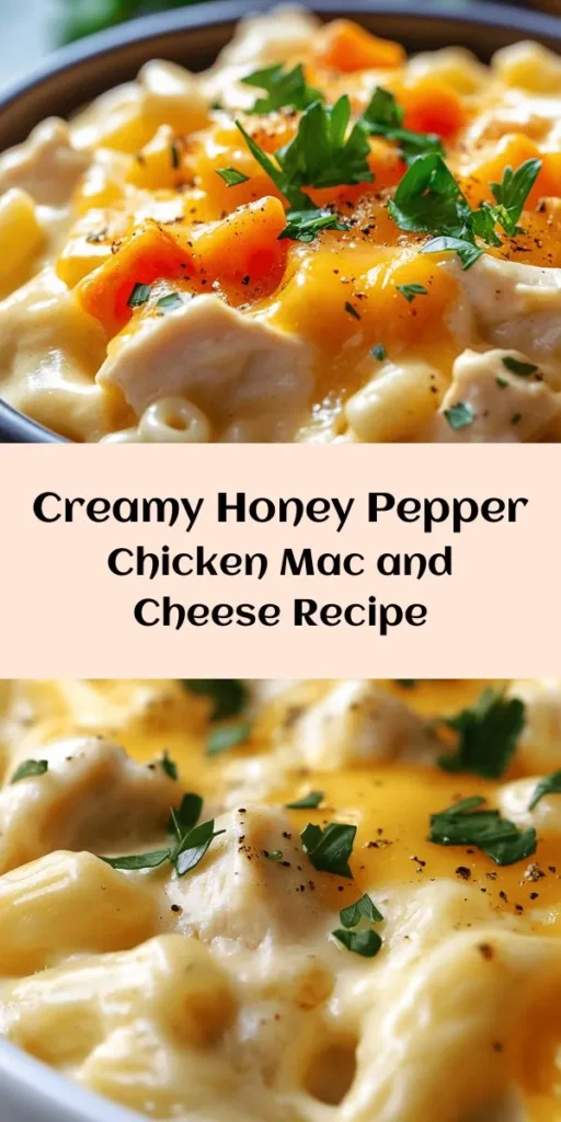Indulge in this Creamy Honey Pepper Chicken Mac and Cheese Delight! This comforting dish features tender chicken and al dente elbow macaroni smothered in a rich cheese sauce with a hint of sweetness from honey. It's quick to make in just 30 minutes and perfect for weeknight dinner. Garnish with fresh parsley for a vibrant touch. Your family will love this creamy, cheesy twist on a classic! Try it today and elevate your mac and cheese game!