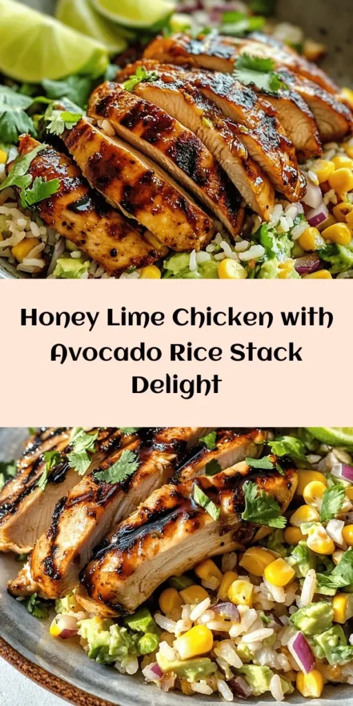 Elevate your dinner game with this delicious Honey Lime Chicken & Avocado Rice Stack! Perfectly marinated grilled chicken is layered over flavorful avocado rice made with fresh cilantro, corn, and red onion. This dish is not only tasty but also packed with nutrients. Ideal for a weeknight meal or impressing guests, it's easy to make and comes together in just an hour. Serve warm with lime wedges for that extra zing! Enjoy a burst of flavor in every bite!