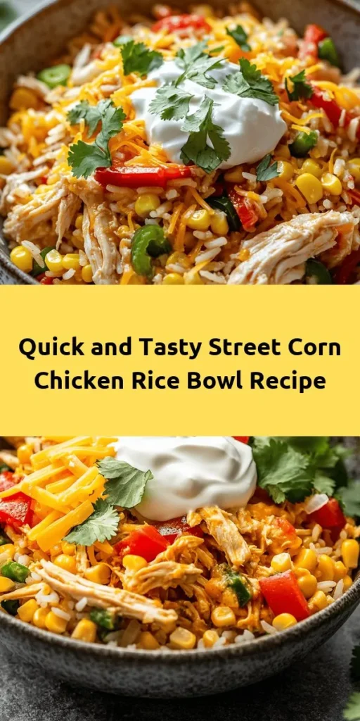Looking for a quick and tasty meal? Try this Easy Street Corn Chicken Rice Bowl! It's packed with flavors and comes together in just 20 minutes. Start with cooked rice, add shredded chicken and thawed corn, then season with lime juice, chili powder, and garlic powder. Top with cheddar cheese and a dollop of sour cream or Greek yogurt for extra creaminess. Finish with fresh cilantro for a delightful touch. Perfect for busy weeknights or meal prep!