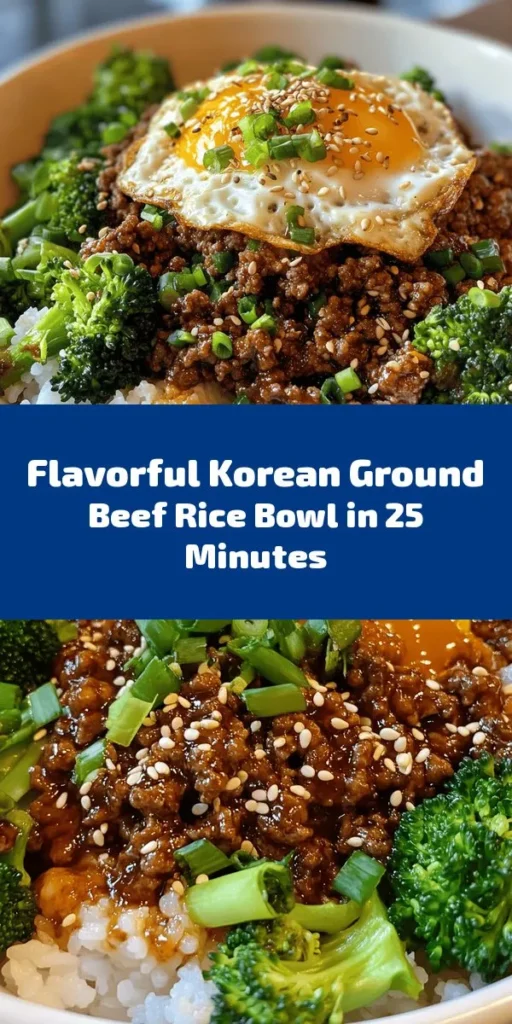 Create a delicious Korean Ground Beef Bowl in just 25 minutes! This flavorful dish features tender ground beef marinated in a mix of soy sauce, brown sugar, and spicy Gochujang. Served over warm rice and topped with steamed broccoli or sautéed veggies, it's a quick meal that's sure to impress. Garnish with sesame seeds and green onions for an extra kick! Perfect for busy weeknights or meal prepping. Enjoy this savory bowl of goodness!