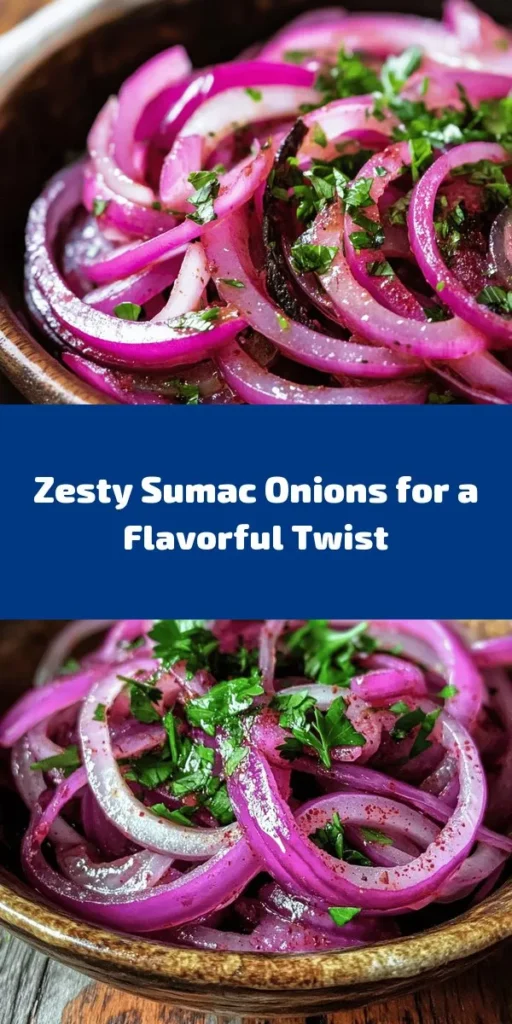 Brighten up your meals with these Zesty Sumac Onions! Thinly sliced red onions are marinated in a flavorful mix of olive oil, tangy sumac, and fresh lemon juice. Perfect as a side dish, topping for grilled meats, or a vibrant addition to a mezze platter. With just a few ingredients and minimal prep time, you'll have a deliciously zesty condiment ready to impress. Add parsley for a pop of color and enjoy this unique flavor boost!