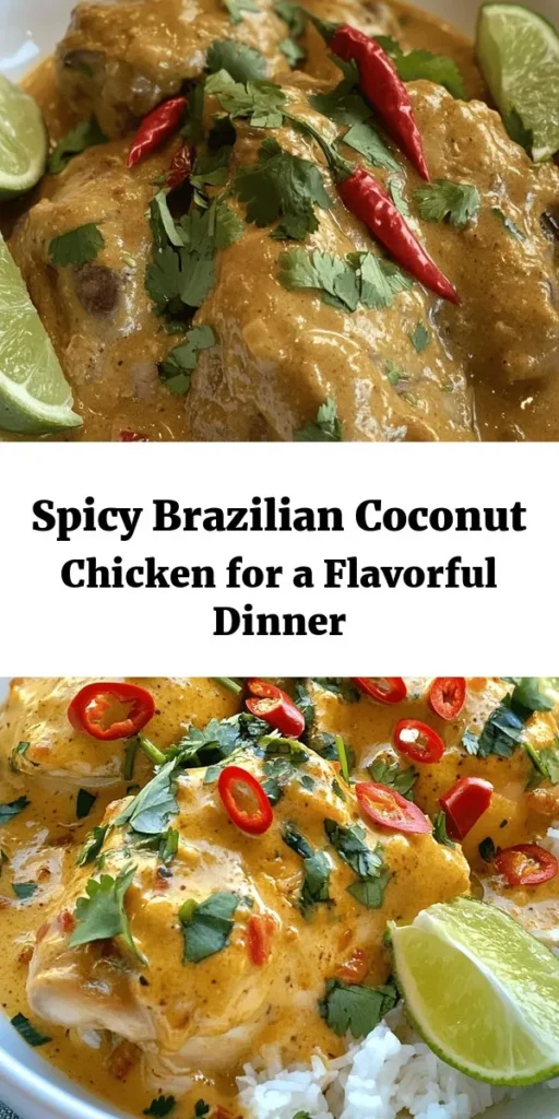 Try this Spicy Brazilian Coconut Chicken for a flavorful dinner that's sure to impress! With tender chicken thighs marinated in creamy coconut milk and zesty lime juice, this dish is packed with bold flavors from fresh ginger, garlic, and chili peppers. The aromatic spices add warmth, making it a perfect choice for spice lovers. Serve it over rice or quinoa, garnished with fresh cilantro and lime wedges for a delightful finish. Enjoy this easy recipe that brings a taste of Brazil to your table!