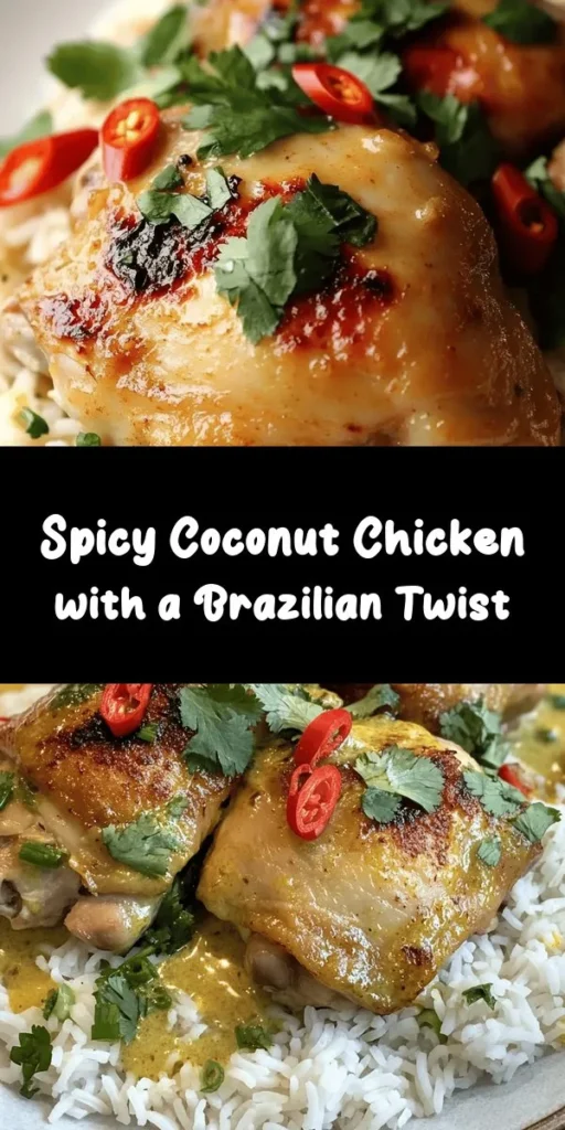 Discover the vibrant flavors of Brazil with this Spicy Brazilian Coconut Chicken recipe! Juicy chicken thighs marinated in coconut milk and spices create a mouthwatering dish that’s both creamy and spicy. Sauté onions, garlic, and chilies for an aromatic finish, then simmer everything together for tender, flavorful chicken. Serve over jasmine rice and top with fresh cilantro for a delicious meal that transports your taste buds to the tropics. Perfect for weeknight dinners!