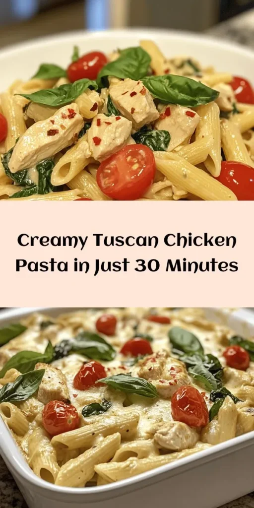Bring the flavors of Italy to your kitchen with this Easy Tuscan Chicken Pasta recipe! In just 40 minutes, you'll have a creamy dish loaded with tender diced chicken, fresh spinach, and sweet cherry tomatoes, all tossed with penne pasta and Parmesan cheese. Perfect for a weeknight dinner, this recipe is simple to make and full of flavor. Garnish with fresh basil for an extra touch. Your family will love every bite! #TuscanChickenPasta #EasyDinner #PastaRecipes