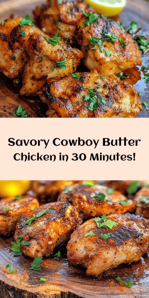 Get ready to impress with this Easy Cowboy Butter Chicken! Juicy chicken thighs are seared to perfection and smothered in a flavorful homemade cowboy butter made with garlic, smoked paprika, and a hint of lemon. Ready in just 30 minutes, this dish is perfect for a weeknight meal or a special dinner. Serve it alongside rice, mashed potatoes, or veggies for a complete and satisfying meal. Don't forget to drizzle the extra buttery goodness on top before serving!