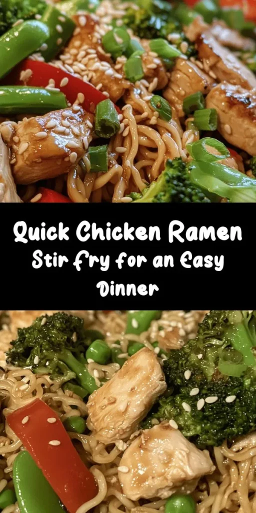 Looking for a quick and delicious meal? Try this Chicken Ramen Stir Fry! With tender chicken, fresh veggies like broccoli and snap peas, and flavorful sauces, it's sure to please. This recipe takes just 30 minutes from prep to table, making it perfect for busy nights. Toss everything together for a satisfying dish that’s packed with flavor. Garnish with green onions and sesame seeds for the perfect finish! Enjoy this easy dinner idea tonight!
