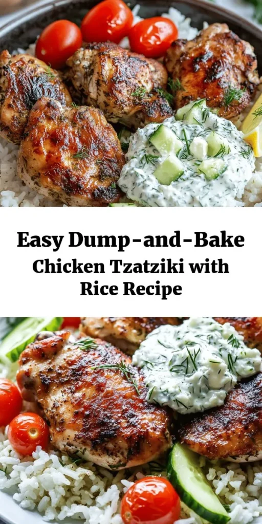 Make mealtime a breeze with this Dump-and-Bake Chicken Tzatziki with Rice! This delicious recipe combines juicy chicken thighs, fragrant rice, and fresh cherry tomatoes baked to perfection. Top it off with a zesty homemade tzatziki sauce made from creamy Greek yogurt and crisp cucumber for a burst of flavor. Perfect for busy weeknights, this dish is easy to prepare and packed with Mediterranean goodness. Enjoy a healthy and satisfying meal with minimal effort!