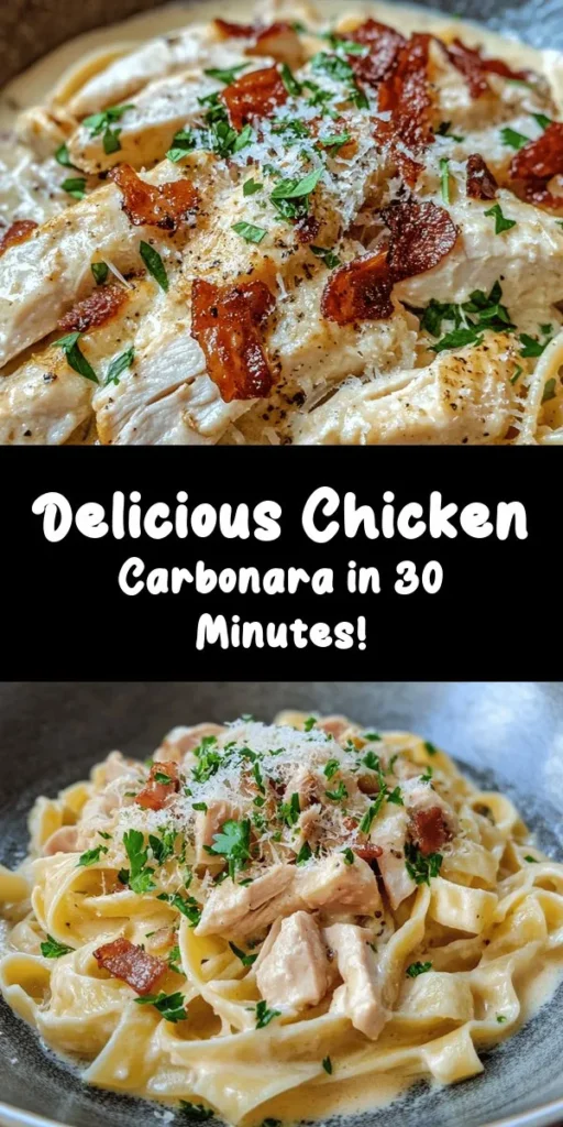 Indulge in the creamy goodness of Best-Ever Chicken Carbonara! This easy recipe combines tender chicken, crispy pancetta, and al dente pasta, all tossed in a rich egg and Parmesan sauce. Perfect for a cozy dinner or impressing guests, it's ready in just 30 minutes. With simple ingredients like spaghetti, olive oil, and fresh parsley, anyone can whip up this delectable dish. Don’t forget to sprinkle extra Parmesan on top for an added treat!