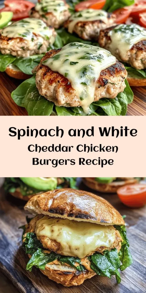 Looking for a delicious twist on chicken burgers? Try these White Cheddar and Spinach Chicken Burgers! Juicy ground chicken is mixed with fresh spinach, creamy white cheddar, and seasonings for a tasty patty. Cook them until golden brown, melt the cheese, and serve on whole wheat buns with your favorite toppings like lettuce, tomato, and avocado. Perfect for a quick weeknight dinner or a weekend gathering. Yummy and healthy in just 30 minutes!