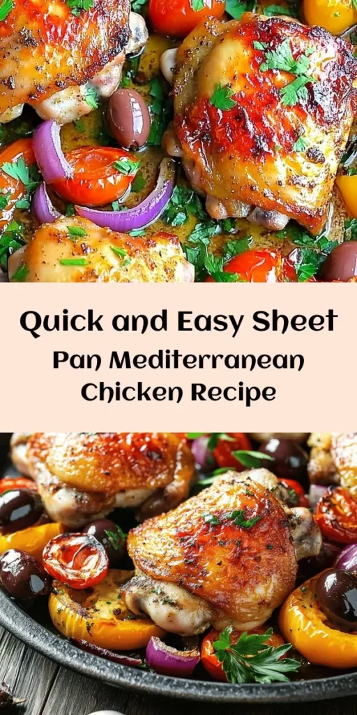 Discover the perfect weeknight dinner with this Sheet Pan Mediterranean Chicken recipe! Juicy chicken thighs are roasted alongside vibrant bell peppers, red onions, cherry tomatoes, and kalamata olives, all seasoned with garlic and oregano. It’s a one-pan meal that's easy to prepare and cleanup is a breeze. Ready in just 50 minutes, this delicious dish is a great way to enjoy Mediterranean flavors with minimal effort. Garnish with fresh parsley for an extra touch! Enjoy!