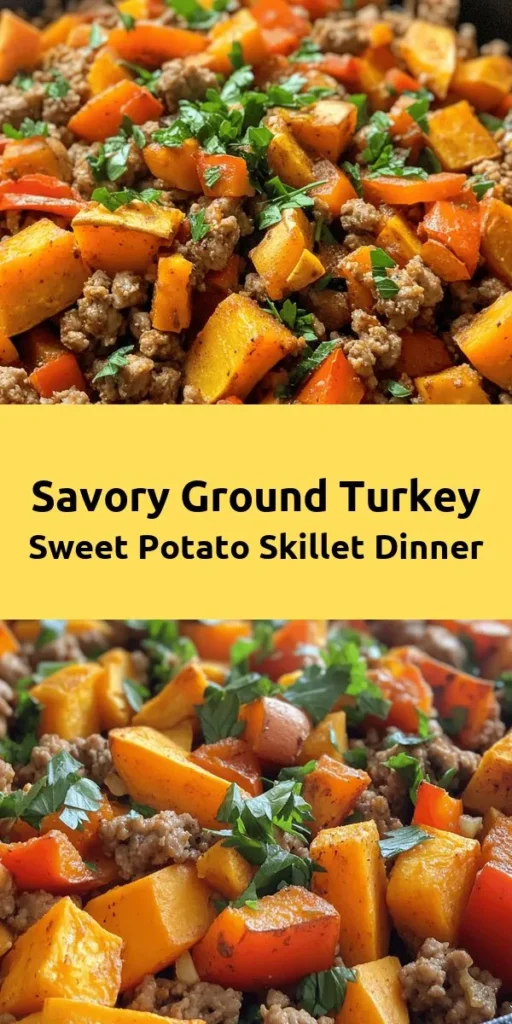 Discover a deliciously easy Ground Turkey Sweet Potato Skillet that's packed with flavor and nutrition! This one-pan meal combines ground turkey, sweet potatoes, colorful bell peppers, and spinach, all seasoned with smoked paprika and cumin. Perfect for busy weeknights, this dish cooks in just 30 minutes and serves four. Garnish with fresh parsley for added freshness. Ready to elevate your dinner routine? Give it a try and enjoy a wholesome meal!