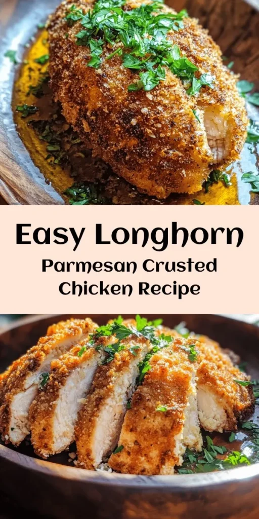 Indulge in the deliciousness of Longhorn Parmesan Crusted Chicken with this easy copycat recipe! With juicy chicken breasts coated in a crispy, cheesy panko mixture, this dish is a dinner winner. Perfectly seasoned and baked to golden perfection, it’s sure to impress your family and friends. Ready in just 40 minutes, it’s the ideal meal for busy weeknights. Serve it with your favorite sides for a satisfying feast. Don’t forget the fresh parsley for that extra touch!