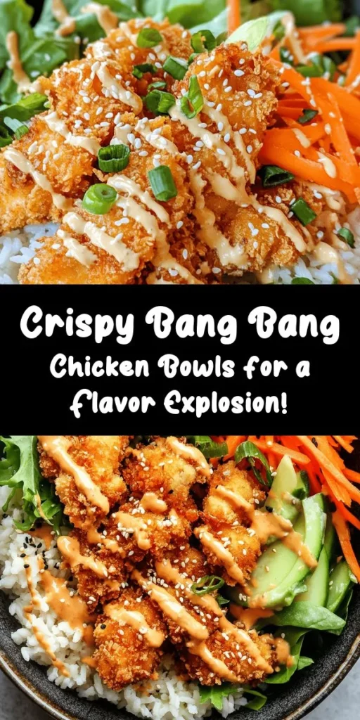 Discover the ultimate comfort food with this Bang Bang Chicken Bowl! Crispy, breaded chicken thighs are the star of the show, perfectly paired with fluffy jasmine rice, fresh greens, and colorful shredded carrots. The creamy Bang Bang sauce adds a delightful kick that brings everything together. This easy-to-follow recipe takes just 45 minutes from prep to plate, making it perfect for a weeknight dinner. Garnish with green onions and sesame seeds for that extra touch. Dive into this delicious bowl that’s sure to impress!