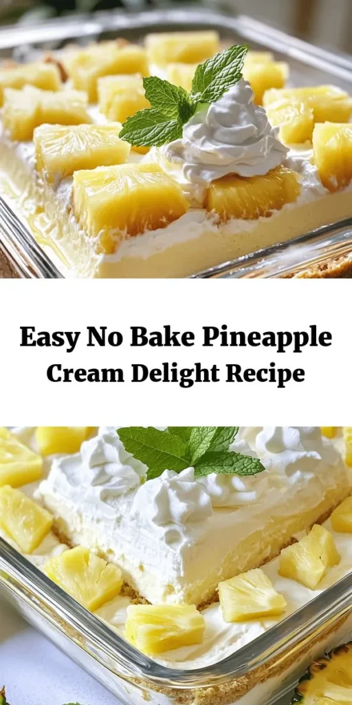 Indulge in a tropical treat with this No Bake Pineapple Cream Delight! This easy-to-make dessert features a buttery graham cracker crust topped with a creamy blend of whipped cream, cream cheese, and crushed pineapple. Perfect for warm days, it's a refreshing and light dessert that requires no baking. Chill it for a few hours, then garnish with fresh pineapple and mint for a stunning finish. A delightful treat for any occasion that serves 12!