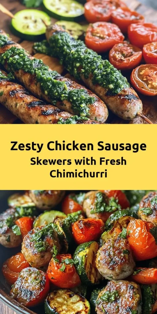 Get ready to elevate your grilling game with these Zesty Chicken Sausage Skewers paired with a vibrant chimichurri sauce! Made with lean ground chicken and fresh veggies like bell peppers, zucchini, and cherry tomatoes, these skewers are bursting with flavor. Easy to prepare in just 30 minutes, they make a delicious meal for any occasion. Drizzle with homemade chimichurri for a fresh and herby kick that will impress your guests. Perfect for summer BBQs or weeknight dinners!