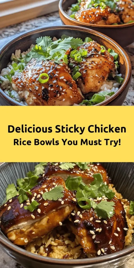 Create a flavor-packed meal with these Sticky Chicken Rice Bowls! This recipe features tender marinated chicken thighs cooked to perfection and served over fluffy jasmine rice. Drizzle with a delicious sticky sauce made from soy sauce, honey, and garlic for an extra burst of flavor. Garnish with fresh green onions and sesame seeds for a delightful finish. Perfect for a weeknight dinner or meal prep! Enjoy a bowl of deliciousness in just one hour!