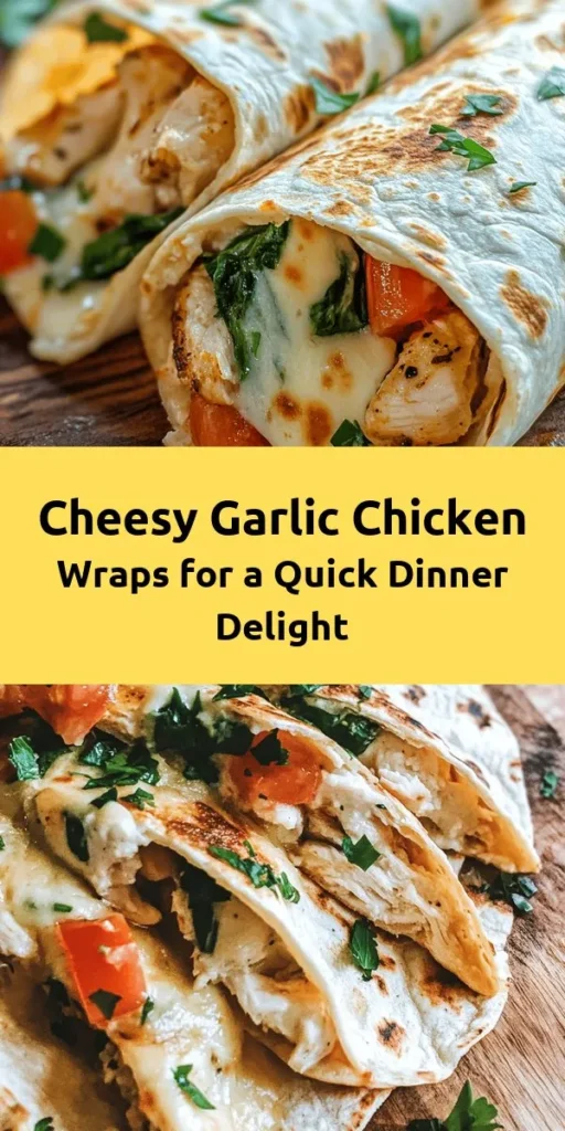 Indulge in these Cheesy Garlic Chicken Wraps for a quick and delicious meal! With tender chicken, creamy mozzarella, and garlic, all wrapped in soft tortillas, this recipe is sure to please. Fresh spinach and diced tomatoes add a pop of color and flavor. Perfect for busy nights, these wraps take just 30 minutes to make. Toast them for an extra crispy bite and serve with your favorite dipping sauce. Enjoy this cheesy goodness!