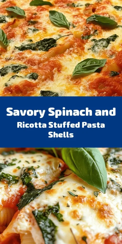 Indulge in a cozy and comforting dish with these Spinach & Ricotta Bliss Shells! Perfect for a family dinner or meal prep, this recipe features jumbo pasta shells stuffed with a creamy spinach and ricotta filling, topped with marinara sauce and ooey-gooey mozzarella cheese. Easy to make in just 50 minutes, it’s a nutritious and delicious way to enjoy veggies. Garnish with fresh basil for an extra touch. Get ready to savor this delightful veggie dinner!
