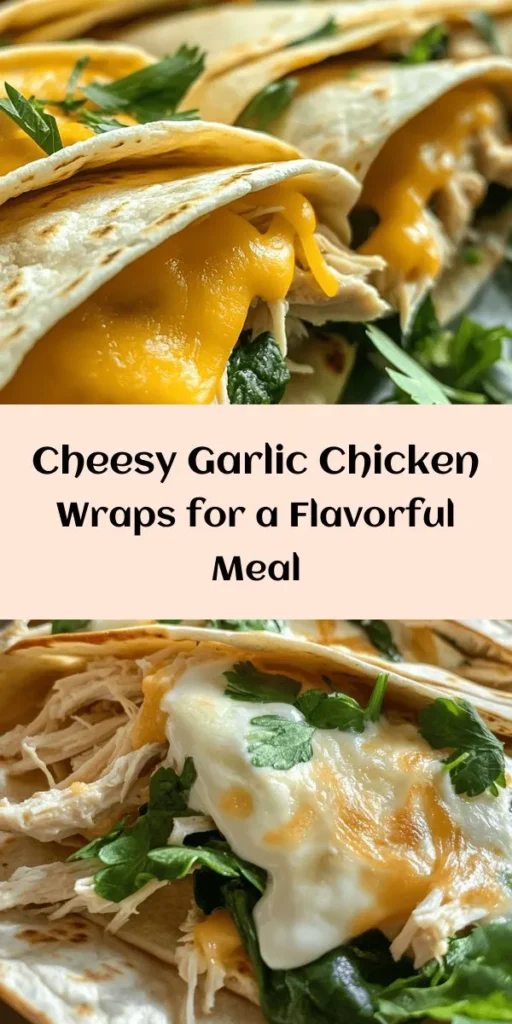 Indulge in these Cheesy Garlic Chicken Wraps that are sure to become a family favorite! With tender, seasoned chicken and a rich blend of mozzarella, cheddar, and cream cheese mixed with fragrant garlic, each bite is a flavor explosion. Wrapped in a soft tortilla along with fresh spinach and optional ranch for dipping, they make for a quick dinner or delicious lunch. Perfect for any occasion, enjoy in just 35 minutes!