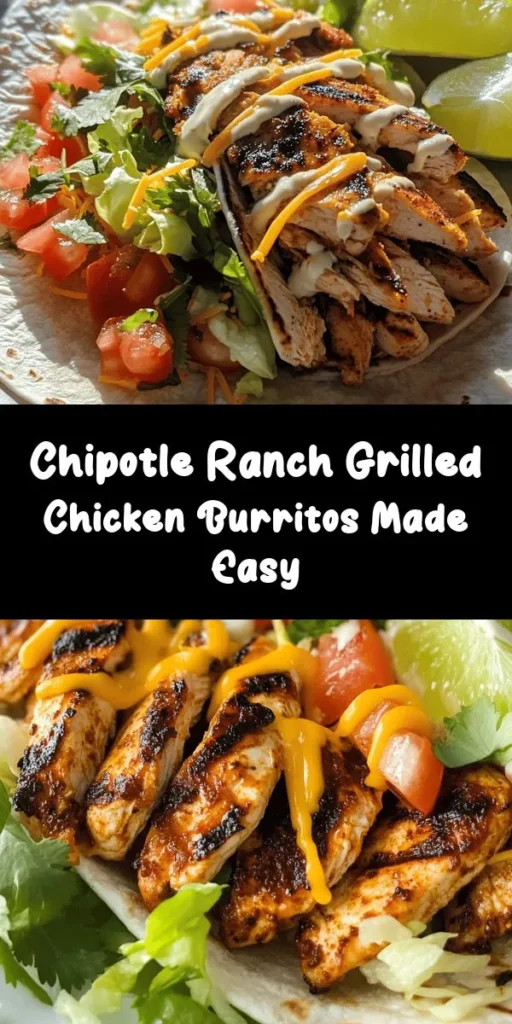 Get ready to spice up your dinner with this Easy Chipotle Ranch Grilled Chicken Burrito! Perfectly marinated chicken grilled to perfection is layered with fresh lettuce, juicy tomatoes, and melted cheese, all wrapped in a warm flour tortilla. Drizzle with creamy chipotle ranch dressing for that extra kick! This delicious recipe is not only simple but also customizable for the whole family. Enjoy with lime and cilantro for a fresh finish. Perfect for weeknight meals or gatherings!