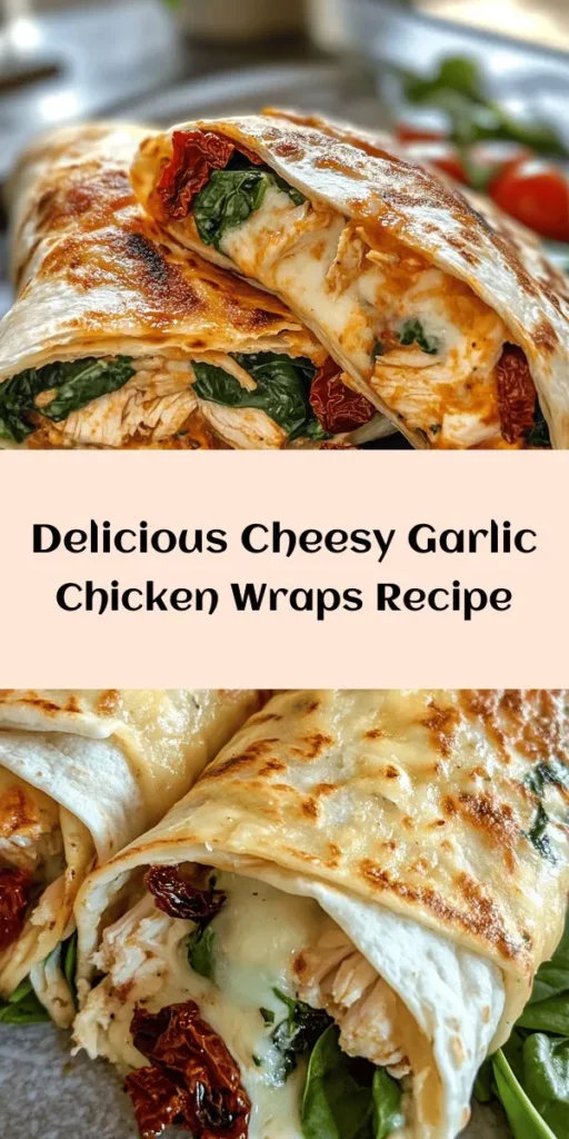 Enjoy a delicious twist on dinner with these Cheesy Garlic Chicken Wraps! Made with tender shredded chicken, creamy mozzarella, and a hint of garlic, these wraps come together quickly and are perfect for a weeknight meal. Filling each tortilla with fresh spinach and sun-dried tomatoes adds a burst of flavor and nutrition. Grill them to golden perfection for a crispy finish. Serve warm with your favorite dipping sauce for an irresistible treat!