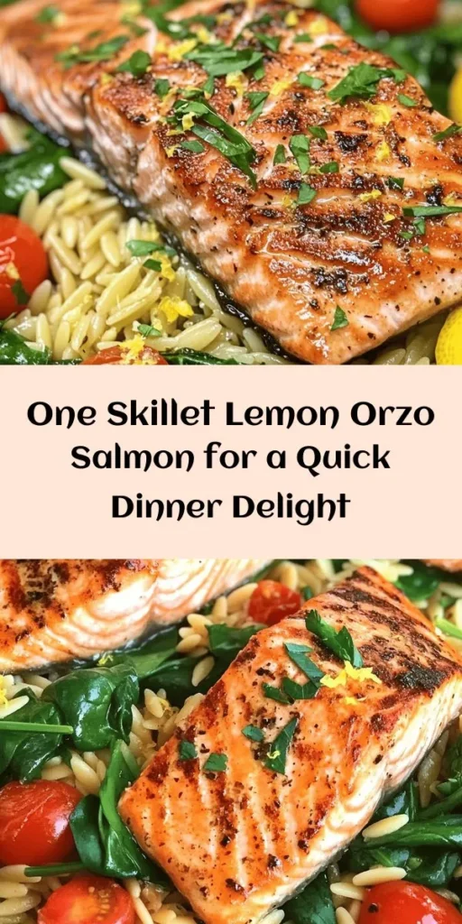 Discover the perfect weeknight dinner with this One Skillet Salmon with Lemon Orzo! This easy, flavorful dish features tender salmon fillets seared to perfection, served atop a bed of zesty orzo pasta cooked with onions, garlic, juicy cherry tomatoes, and vibrant spinach. Finished with a squeeze of lemon and fresh parsley, it's a complete meal that comes together in just 30 minutes. Enjoy a healthy and delicious dinner with minimal cleanup!