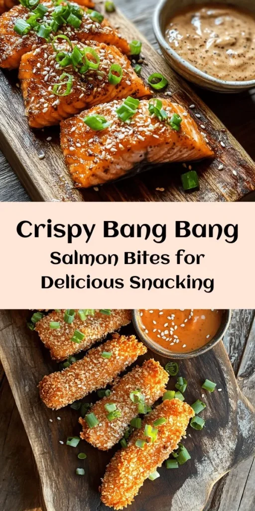 Indulge in these Crispy Bang Bang Salmon Bites that are perfect for a quick snack or a party appetizer! Made with fresh salmon, panko breadcrumbs, and a spicy-sweet Bang Bang sauce, these bites are bursting with flavor and crunch. In just 30 minutes, you can transform simple ingredients into a delicious treat your friends and family will rave about. Garnish with green onions and sesame seeds for that extra flair!