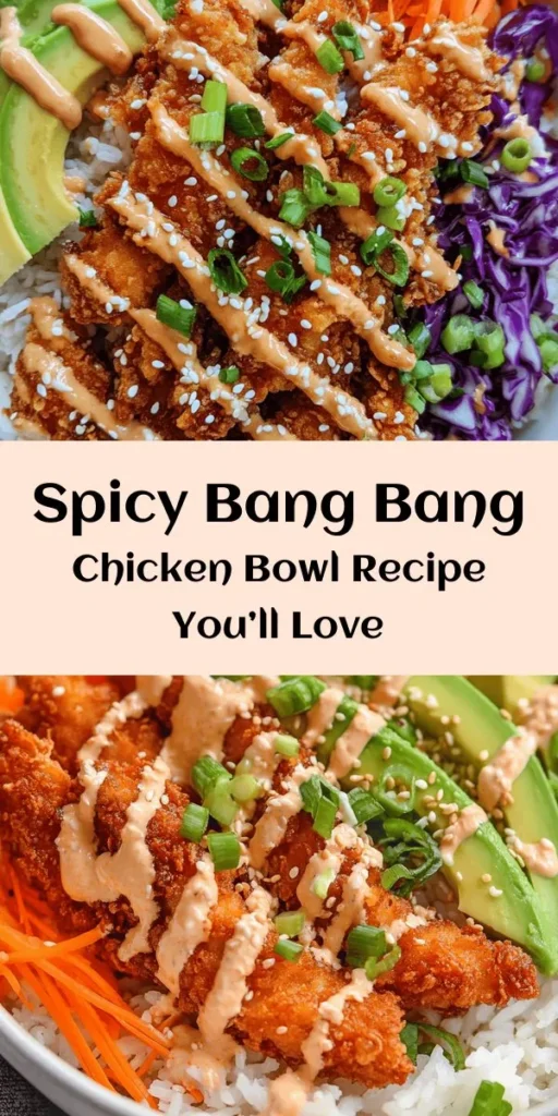 Spice up your dinner with this mouthwatering Bang Bang Chicken Bowl! Tender, marinated chicken thighs are fried to golden perfection and topped with a creamy, spicy Bang Bang sauce. Serve it over fluffy jasmine rice or quinoa and pile on fresh shredded carrots, crunchy red cabbage, and creamy avocado for a nutritious, delicious meal. Perfect for any night of the week, this bowl is as satisfying as it is easy to make. Enjoy the flavors and the fun!