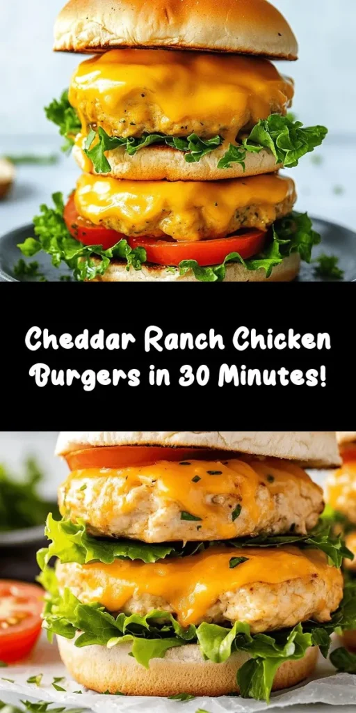 Get ready for a flavor explosion with these easy Cheddar Ranch Chicken Burgers! Made with juicy ground chicken, melty cheddar, and zesty ranch dressing, this recipe comes together in just 30 minutes. Perfect for a quick weeknight dinner or weekend BBQ, these burgers are sure to impress. Serve them up on fluffy buns with your favorite toppings for a meal that's both delicious and satisfying. Try them today for a family-friendly twist on burger night!