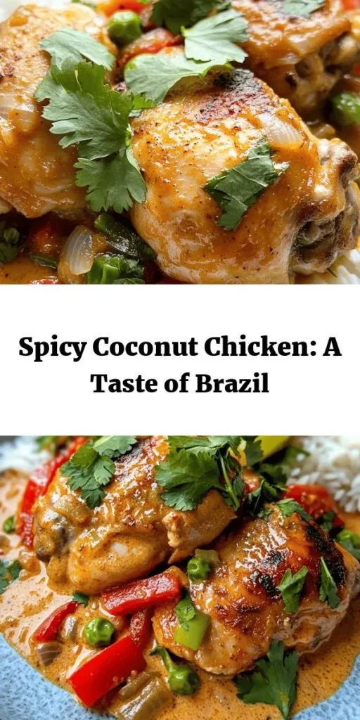 Experience the vibrant flavors of Brazil with this Spicy Brazilian Coconut Chicken recipe! Tender chicken thighs marinated in a zesty blend of spices and coconut milk create a creamy, spicy dish that's perfect for any dinner. Pair it with jasmine rice for a satisfying meal. With minimal prep and a cooking time of just an hour, you'll have a delicious, aromatic dish that will impress your family and friends. Don't forget the fresh cilantro for a pop of flavor!