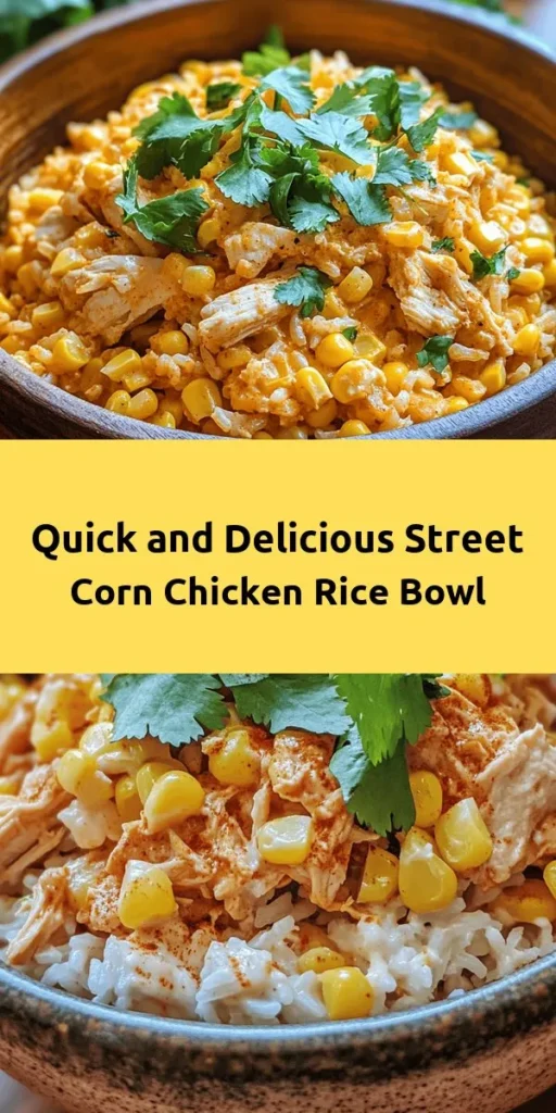 Looking for a quick and delicious meal? Try this Easy Street Corn Chicken Rice Bowl! In just 10 minutes, you can whip up a scrumptious dish featuring tender chicken, sweet corn, and creamy mayo-lime sauce, all served over rice. It's perfect for a busy weeknight or a satisfying lunch. Top with fresh cilantro for an extra burst of flavor. Quick, easy, and full of taste—your family will love it!
