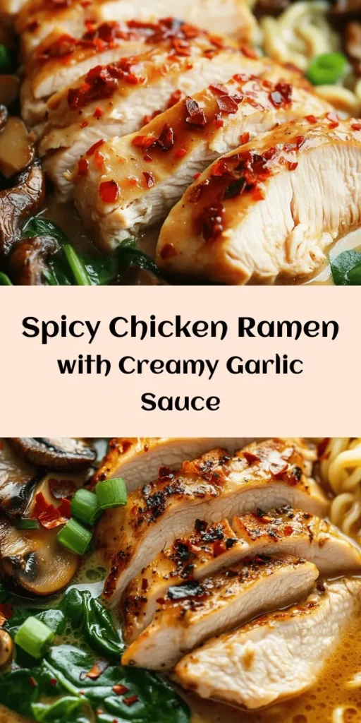 This fiery chicken ramen with creamy garlic sauce is the perfect blend of spicy and rich flavors. Start by marinating tender chicken thighs in chili paste and soy sauce, then cook them in chicken broth while you prepare rich and luscious garlic cream sauce. Toss everything together with instant ramen noodles, shiitake mushrooms, and fresh spinach for a cozy meal. Top with green onions and your favorite toppings for an extra flavor kick. Great for a satisfying dinner in under an hour!