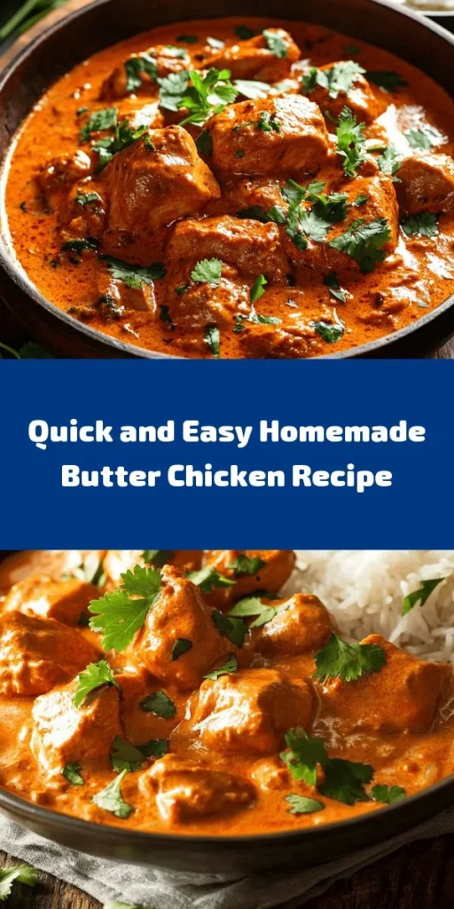 Indulge in a rich and creamy homemade butter chicken that's both quick and easy to prepare! This delightful dish features tender marinated chicken thighs cooked in a sumptuous sauce made with crushed tomatoes and heavy cream, all enriched with aromatic spices. Perfect for serving over basmati rice or with warm naan, this recipe is sure to impress family and friends. With a total time of just 55 minutes, you'll have a delicious meal ready in no time!