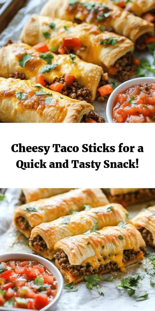 Try these Cheesy Taco Sticks for a delicious twist on taco night! Made with crescent roll dough, seasoned ground beef or turkey, and a flavorful mix of veggies, these tasty sticks are perfect for dipping in salsa or sour cream. With a quick prep time of just 15 minutes and a total cooking time of 30 minutes, they're a fantastic snack or appetizer for any gathering. Garnish with cilantro for an extra pop of flavor!