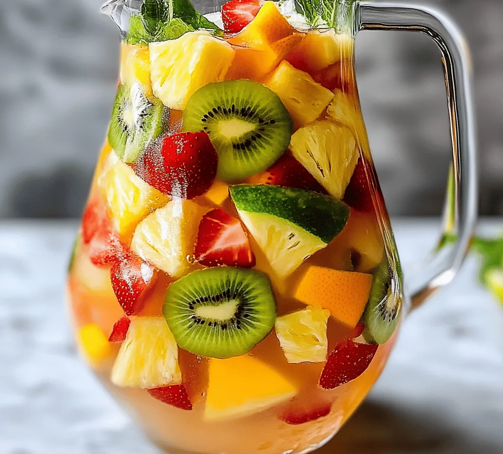 As the sun shines brighter and the temperatures rise, there's nothing quite like a refreshing beverage to bring a taste of the tropics to your gatherings. The <strong>Tropical Pina Colada Sangria</strong> is the perfect concoction that captures the essence of a beach vacation in a glass. This delightful drink combines the classic sangria tradition with the vibrant flavors of coconut and pineapple, creating a refreshing experience that tantalizes your taste buds.” /></p>
</p>
<h3>Adding Fizz: When and How to Incorporate Soda for Best Results</h3>
</p>
<p>To elevate your Tropical Pina Colada Sangria and introduce a delightful effervescence, adding soda is a game-changer. The key is to incorporate soda at the right moment to preserve the bubbles and overall freshness of your drink.</p>
</p>
<p>1. <strong>Choose the Right Soda</strong>: Opt for a light, fruity soda, such as lemon-lime soda or club soda for a more neutral flavor. This will allow the fruity notes of the sangria to shine through without overwhelming them.</p>
</p>
<p>2. <strong>Timing is Everything</strong>: Add the soda just before serving. If you mix it in too early, the carbonation will dissipate, leaving you with a flat drink. Ideally, you want to pour the soda directly into each glass just before serving to maintain the fizz.</p>
</p>
<p>3. <strong>How to Add It</strong>: When you’re ready to serve your sangria, fill each glass with your prepared mixture of fruits and wine, then top it off with a splash of soda. This technique not only enhances the drink’s texture but also creates a beautiful layered effect, making for an appealing presentation.</p>
</p>
<h3>Serving Suggestions: Presentation Ideas to Enhance the Drinking Experience</h3>
</p>
<p>Presentation plays a vital role in the enjoyment of any cocktail, and your Tropical Pina Colada Sangria is no exception. Here are some creative serving suggestions to elevate the drinking experience:</p>
</p>
<p>1. <strong>Glassware Selection</strong>: Use clear, tall glasses such as hurricane glasses or large wine glasses to showcase the vibrant colors and floating fruits. These glasses not only enhance the visual appeal but also provide ample space for the fizz.</p>
</p>
<p>2. <strong>Garnishing</strong>: Enhance your sangria’s aesthetic with garnishes. Fresh pineapple wedges, maraschino cherries, or lime slices on the rim of the glass add a tropical flair. You can also use sprigs of mint or fresh coconut shavings for added texture and color.</p>
</p>
<p>3. <strong>Ice Options</strong>: Serve your sangria over ice to keep it chilled. For an extra touch, consider using frozen fruit instead of regular ice cubes. This will not only keep your drink cool but also infuse additional flavor as the fruits thaw.</p>
</p>
<p>4. <strong>Thematic Presentation</strong>: For a tropical-themed gathering, consider serving your sangria in a large punch bowl with a ladle. Surround the bowl with tropical leaves and flowers for a festive touch that encourages guests to help themselves.</p>
</p>
<h3>Flavor Profile and Pairing Suggestions</h3>
</p>
<p>The flavor profile of Tropical Pina Colada Sangria is a harmonious blend of sweetness, acidity, and tropical essence—creating a refreshing drink that transports you to a beach paradise.</p>
</p>
<h4>Sweetness and Acidity</h4>
<p>The sweetness comes from the ripe fruits and juices, particularly the pineapple and mango, which are balanced by the tartness of lime juice. This balance is crucial, ensuring that the drink is refreshing rather than overwhelming in sweetness.</p>
</p>
<h4>Tropical Essence</h4>
<p>Coconut adds a creamy texture and a hint of nuttiness, while the pineapple provides a bright, juicy burst. Together, they create the quintessential tropical flavor, making this sangria perfect for summer sipping.</p>
</p>
<h3>Food Pairings that Complement the Sangria</h3>
</p>
<p>To enhance your Tropical Pina Colada Sangria experience, consider pairing it with delicious food options that resonate with its tropical theme:</p>
</p>
<h4>Ideal Appetizers and Snacks</h4>
<p>– <strong>Tropical Fruit Skewers</strong>: Fresh fruit skewers featuring pineapple, mango, and strawberries make for a delightful, bite-sized accompaniment.</p>
<p>– <strong>Shrimp Cocktail</strong>: The lightness of shrimp paired with a tangy cocktail sauce complements the fruity notes in the sangria.</p>
<p>– <strong>Coconut Shrimp</strong>: These crispy bites resonate beautifully with the coconut flavor in the sangria.</p>
</p>
<h4>Main Dishes</h4>
<p>– <strong>Grilled Fish Tacos</strong>: Fresh fish topped with mango salsa and lime crema pairs excellently with the tropical flavors of the sangria.</p>
<p>– <strong>Chicken Satay</strong>: Skewered chicken with peanut sauce offers a contrast to the fruity drink, enhancing the overall meal experience.</p>
<p>– <strong>Pork with Pineapple Glaze</strong>: A savory-sweet pork dish that echoes the flavors of your sangria will impress your guests.</p>
</p>
<h3>Variations of Tropical Pina Colada Sangria</h3>
</p>
<p>To keep the recipe exciting and adaptable, here are some creative twists and variations on the classic Tropical Pina Colada Sangria:</p>
</p>
<h4>Creative Twists</h4>
<p>– <strong>Mango and Passionfruit</strong>: Swap out some of the pineapple for ripe mango or passionfruit for an exotic twist that deepens the tropical flavor profile.</p>
<p>– <strong>Herbal Infusions</strong>: Add fresh herbs like basil or cilantro for a unique twist that adds depth and complexity to the drink.</p>
</p>
<h4>Non-Alcoholic Versions</h4>
<p>For family-friendly gatherings, consider making a non-alcoholic version of the Tropical Pina Colada Sangria. Simply replace the wine with sparkling water or a tropical-flavored non-alcoholic wine, and ensure all fruit and juices are fresh and vibrant.</p>
</p>
<h4>Seasonal Variations</h4>
<p>– <strong>Fall-Inspired Sangria</strong>: In the fall, consider adding apple cider and autumn spices like cinnamon and nutmeg to create a cozy, seasonal version.</p>
<p>– <strong>Winter Wonderland</strong>: Incorporate cranberry juice and pomegranate seeds for a festive winter sangria that retains the tropical essence.</p>
</p>
<h3>Storing and Serving Suggestions</h3>
</p>
<p>For those who prepare their Tropical Pina Colada Sangria in advance, here are best practices to keep your drink fresh and enjoyable:</p>
</p>
<p>1. <strong>Storage</strong>: If you have leftovers, store the sangria in an airtight container in the refrigerator. It is best consumed within 24 hours, as the fruits can start to break down and become mushy.</p>
</p>
<p>2. <strong>Keeping It Fresh</strong>: If making sangria ahead of time, prepare the wine and fruit mixture without the soda. Add the soda just before serving to maintain its fizz and freshness.</p>
</p>
<p>3. <strong>Ideal Glassware</strong>: As mentioned earlier, opt for clear glassware that showcases the beautiful colors of the sangria. Consider using decorative straws or cocktail stirrers to enhance the presentation further.</p>
</p>
<h3>Conclusion</h3>
</p>
<p>The Tropical Pina Colada Sangria is a versatile and delightful drink perfect for any gathering, celebration, or simply for enjoying a taste of the tropics at home. Its vibrant flavors, refreshing qualities, and beautiful presentation make it a standout choice that will impress your guests.</p>
</p>
<p>Encouraging you to experiment with this recipe allows for endless variations, ensuring that every batch can be uniquely tailored to your tastes or seasonal ingredients. Whether you’re sipping it by the pool or serving it at a party, the joy of mixing drinks and experimenting with flavors in the kitchen is truly rewarding. So gather your ingredients, follow the recipe, and prepare to enjoy a refreshing escape with every sip of your Tropical Pina Colada Sangria!</p>
<div id=