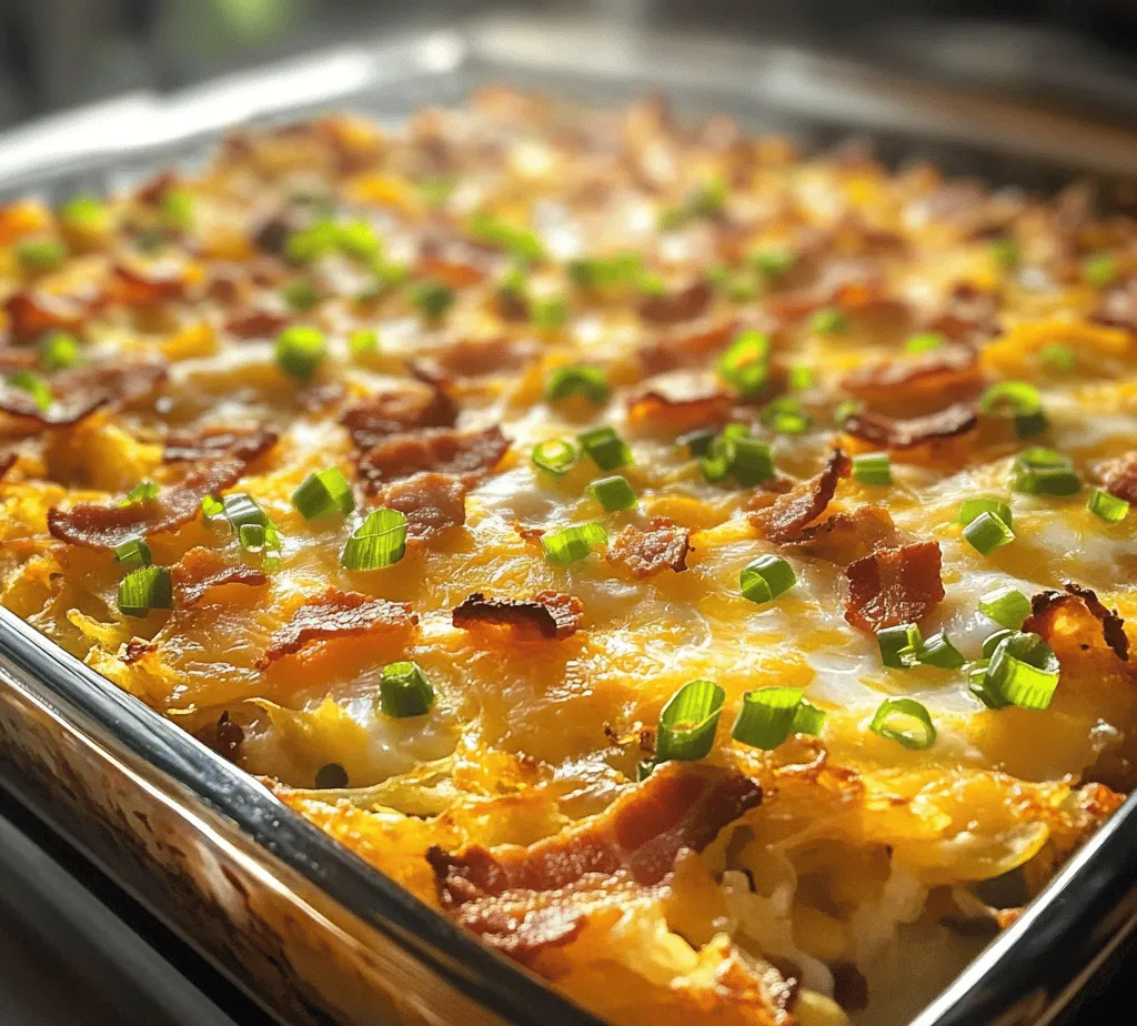 The Cheesy Bacon Potato Breakfast Casserole is a delightful dish that elevates your morning routine with a perfect blend of flavors and textures. This hearty casserole is not only a crowd-pleaser but also an ideal solution for family gatherings, brunches, or meal prepping for busy weekdays. Imagine waking up to the enticing aroma of crispy bacon, creamy cheeses melting into fluffy eggs, all resting atop a golden bed of hash browns. This dish is more than just a breakfast; it’s a comforting experience that brings warmth to your kitchen and joy to your table.