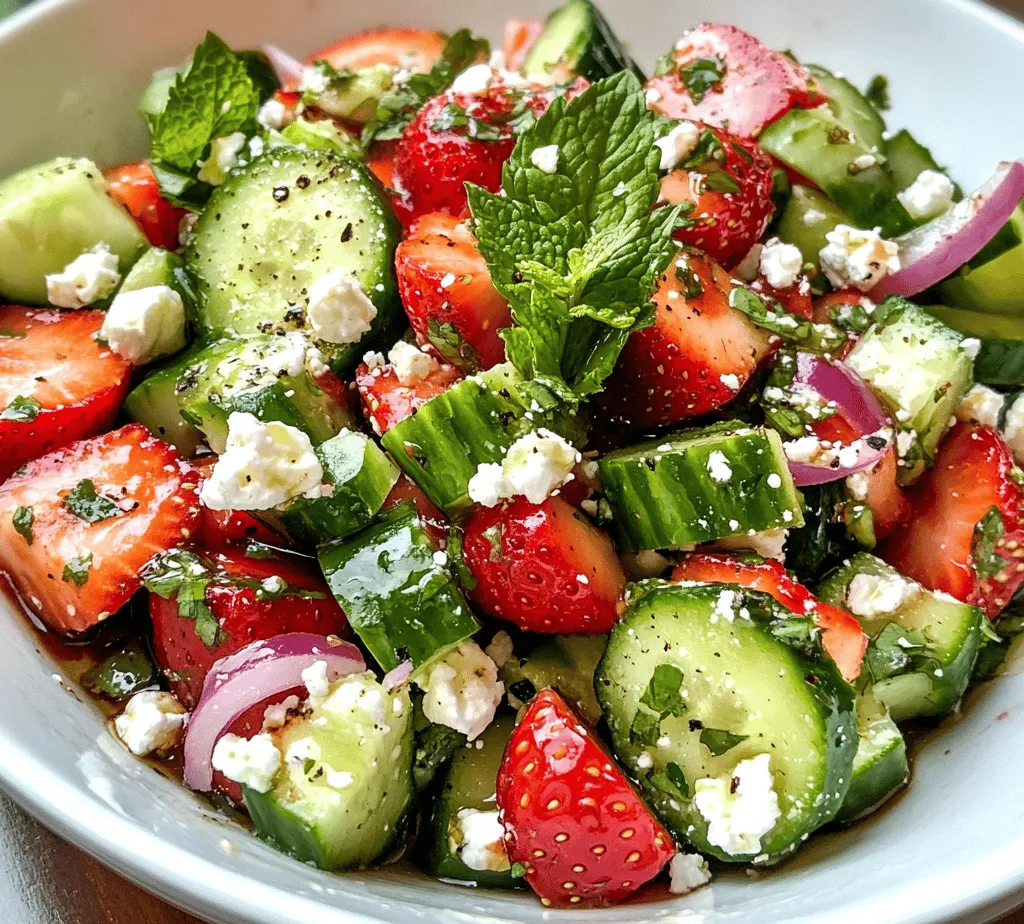 <strong>Cucumber</strong>: The star of this salad, cucumber serves as a hydrating and crunchy base that adds a refreshing element to every bite. With a high water content of about 95%, cucumbers are known for their cooling properties, making them a popular choice during hot weather. They are also low in calories, making this salad a guilt-free indulgence.” /></p>
</p>
<h3>Tossing Techniques</h3>
</p>
<p>When it comes to preparing the Refreshing Cucumber Strawberry Salad, the way you toss the ingredients can significantly impact the final dish. The objective is to ensure that all elements are evenly coated with the dressing while preserving the integrity of delicate ingredients, such as the feta cheese.</p>
</p>
<p>To achieve this, follow these simple tossing techniques:</p>
</p>
<p>1. <strong>Layering Ingredients</strong>: Start by layering the heavier ingredients, like cucumbers and strawberries, on the bottom of your mixing bowl. This will provide a solid foundation to prevent the feta cheese from getting crushed.</p>
</p>
<p>2. <strong>Gentle Tossing</strong>: Using a pair of salad tongs or a large spoon, gently lift and fold the ingredients rather than stirring vigorously. This method helps to coat the cucumbers and strawberries with the dressing while keeping the feta cheese intact.</p>
</p>
<p>3. <strong>Dressing at the Right Time</strong>: Add the dressing just before serving to prevent the cucumbers from becoming soggy. Toss the salad gently once more after adding the dressing, ensuring that each bite is flavorful without compromising the texture of the ingredients.</p>
</p>
<p>4. <strong>Using Your Hands</strong>: If you prefer, you can also use your hands to toss the salad. This allows for a more delicate touch, ensuring that the feta cheese remains in larger chunks. Just be sure to wash your hands thoroughly before handling the food.</p>
</p>
<h3>Allowing Flavors to Meld</h3>
</p>
<p>One of the keys to a truly flavorful salad lies in allowing the ingredients to rest together before serving. After you’ve tossed your salad, let it sit for about 10 to 15 minutes. This brief resting period allows the cucumbers to release some of their moisture, which will mix with the dressing, creating a more cohesive flavor profile.</p>
</p>
<p>During this time, the strawberries will also soften slightly, releasing their natural juices, which will further enhance the overall taste of the salad. The feta cheese, when mixed with the dressing, will blend its creamy flavor throughout the salad, maximizing the enjoyment of each bite.</p>
</p>
<h3>Nutritional Benefits</h3>
</p>
<h4>Cucumber</h4>
</p>
<p>Cucumbers are often hailed for their hydration properties, primarily due to their high water content, which is around 95%. This makes them an excellent choice for maintaining hydration, especially during warmer months. With only 16 calories per 100 grams, cucumbers are also known for their weight management benefits. They can fill you up without contributing to your calorie intake, making them an ideal component in a healthy diet.</p>
</p>
<p>Moreover, cucumbers are a good source of vitamins and minerals, including vitamin K, which is essential for bone health, and potassium, which aids in maintaining healthy blood pressure levels.</p>
</p>
<h4>Strawberries</h4>
</p>
<p>Strawberries are not just a delicious addition to any salad; they are also packed with nutrients. These vibrant berries are an excellent source of vitamin C, which is crucial for a strong immune system and skin health. Additionally, strawberries are rich in antioxidants, such as anthocyanins, which may help reduce inflammation and lower the risk of chronic diseases.</p>
</p>
<p>The fiber content in strawberries also promotes digestive health and contributes to a feeling of fullness, making them a smart choice for a healthy diet.</p>
</p>
<h4>Feta Cheese</h4>
</p>
<p>Feta cheese adds a creamy texture and a tangy flavor to the salad while also boosting its nutritional profile. This cheese is rich in protein, which is essential for muscle repair, and calcium, which plays a vital role in bone health. Feta cheese is lower in calories than many other cheeses, making it a popular choice for those looking to enjoy a rich flavor without excessive calories.</p>
</p>
<p>In moderation, feta cheese can be a healthy addition to your diet, offering beneficial nutrients while enhancing the overall flavor of the salad.</p>
</p>
<h4>Fresh Mint</h4>
</p>
<p>Mint is more than just a garnish; it offers numerous health benefits as well. Known for its refreshing flavor, mint can aid digestion and help alleviate symptoms of indigestion or bloating. Additionally, the aromatic qualities of fresh mint can stimulate the appetite and enhance the sensory experience of the salad.</p>
</p>
<p>Mint is also rich in antioxidants and has been linked to various health benefits, including improved brain function and potential antimicrobial properties. Incorporating fresh mint into your cucumber strawberry salad not only elevates the flavor but also contributes to your overall well-being.</p>
</p>
<h3>Serving Suggestions</h3>
</p>
<h4>Pairing Ideas</h4>
</p>
<p>The Refreshing Cucumber Strawberry Salad pairs beautifully with a variety of main courses and side dishes. Here are some complementary dishes to consider:</p>
</p>
<p>1. <strong>Grilled Chicken or Fish</strong>: The lightness of grilled chicken or fish complements the fresh flavors of the salad. The subtle smokiness from grilling adds another layer of taste, making for a well-rounded meal.</p>
</p>
<p>2. <strong>Quinoa or Couscous</strong>: For a filling vegetarian option, serve the salad alongside a quinoa or couscous dish. These grains provide a hearty base and can be flavored with herbs and spices to match the salad.</p>
</p>
<p>3. <strong>Pasta Dishes</strong>: A light pasta dish, perhaps tossed with olive oil and herbs, can be an excellent accompaniment. The salad’s brightness will balance the richness of the pasta.</p>
</p>
<p>4. <strong>Sandwiches or Wraps</strong>: For a casual meal, this salad works wonderfully alongside sandwiches or wraps, especially those filled with lean proteins and fresh vegetables.</p>
</p>
<h4>Presentation Tips</h4>
</p>
<p>Presentation can elevate the dining experience and make your salad stand out at gatherings or special occasions. Here are some tips to enhance its visual appeal:</p>
</p>
<p>1. <strong>Serving Bowl</strong>: Choose a wide, shallow serving bowl to showcase the vibrant colors of the salad. A clear glass bowl can also add elegance and allow guests to appreciate the layers of ingredients.</p>
</p>
<p>2. <strong>Garnishing</strong>: Top the salad with additional sprigs of fresh mint or a sprinkle of extra feta cheese for an inviting look. You could also add a drizzle of balsamic glaze or olive oil on top just before serving for added flair.</p>
</p>
<p>3. <strong>Color Contrast</strong>: Consider incorporating additional colorful ingredients such as bell peppers or edible flowers to provide visual contrast and make the salad more enticing.</p>
</p>
<p>4. <strong>Individual Portions</strong>: For a more sophisticated presentation, serve the salad in individual bowls or mason jars. Layer the cucumbers, strawberries, and feta cheese for a visually appealing treat.</p>
</p>
<h3>Seasonal Variations</h3>
</p>
<h4>Summer Version</h4>
</p>
<p>During the summer months, you can keep the Refreshing Cucumber Strawberry Salad exciting by incorporating seasonal fruits and vegetables. Consider adding:</p>
</p>
<p>– <strong>Peaches or Nectarines</strong>: These stone fruits add sweetness and juiciness, perfectly complementing the strawberries and cucumbers.</p>
<p>– <strong>Cherry Tomatoes</strong>: Their burst of flavor enhances the salad’s freshness and adds a pop of color.</p>
<p>– <strong>Basil</strong>: Swap out mint for fresh basil for a sweet and aromatic twist that pairs beautifully with both strawberries and cucumbers.</p>
</p>
<h4>Fall Twist</h4>
</p>
<p>As the seasons change, you can adapt the salad to include fall-inspired ingredients. Some ideas include:</p>
</p>
<p>– <strong>Sliced Apples or Pears</strong>: These fruits add a crisp texture and sweetness that pairs well with feta cheese.</p>
<p>– <strong>Roasted Nuts</strong>: Incorporate toasted walnuts or pecans for added crunch and a nutty flavor that enhances the salad.</p>
<p>– <strong>Pumpkin Seeds</strong>: Also known as pepitas, these seeds add a delightful crunch and are packed with nutrients.</p>
</p>
<h3>Conclusion</h3>
</p>
<p>The Refreshing Cucumber Strawberry Salad is more than just a side dish; it’s a celebration of fresh ingredients and vibrant flavors that can brighten any meal. With its easy preparation and nutritious components, this salad is perfect for warm weather dining, picnics, or as a delightful addition to your everyday meals.</p>
</p>
<p>As you savor each bite, you’ll appreciate the harmonious blend of crunchy cucumbers, sweet strawberries, and creamy feta, making it a dish that is not only good for your taste buds but also for your health. Whether you enjoy it as a light lunch or as a side to a hearty dinner, this salad is sure to impress and nourish, allowing you to enjoy the best of what each season has to offer. So grab your ingredients, get creative with seasonal variations, and indulge in this refreshing culinary delight!</p>
<div id=