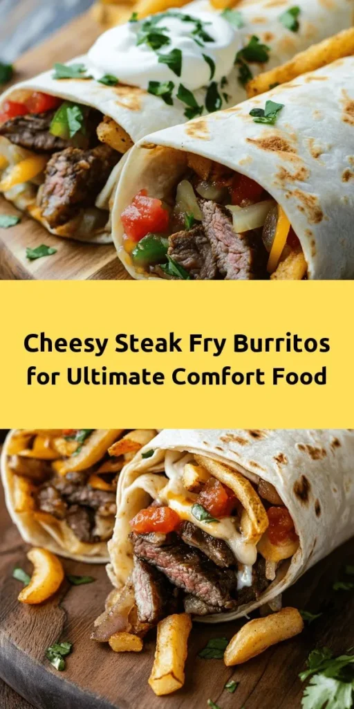 Indulge in these Steak & Cheese Dirty Fry Burritos for a flavor explosion! Start with marinated sirloin steak, sautéed onions, and bell peppers mixed with melted cheddar and Monterey Jack cheese. Add crispy french fries for that extra crunch, then wrap it all in a warm tortilla. Perfectly grilled to perfection, these burritos are served with a drizzle of sour cream and salsa. Easy to make and utterly delicious, this recipe is sure to impress!