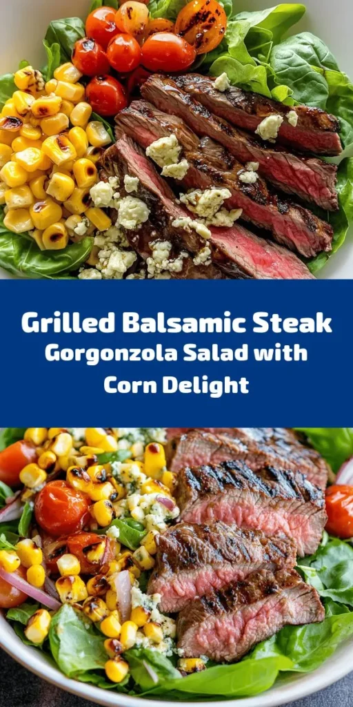 Elevate your salad game with this flavorful Balsamic Steak Gorgonzola Salad with Grilled Corn! 🥗🔥 Juicy flank steak marinated in a tangy balsamic dressing is grilled to perfection and served over a bed of mixed greens, fresh cherry tomatoes, creamy Gorgonzola, and sweet grilled corn. Perfect for a summer meal or a hearty dinner, this dish is both satisfying and refreshing. Enjoy the burst of flavors in every bite! #SaladGoals #HealthyEating #GrillingSeason