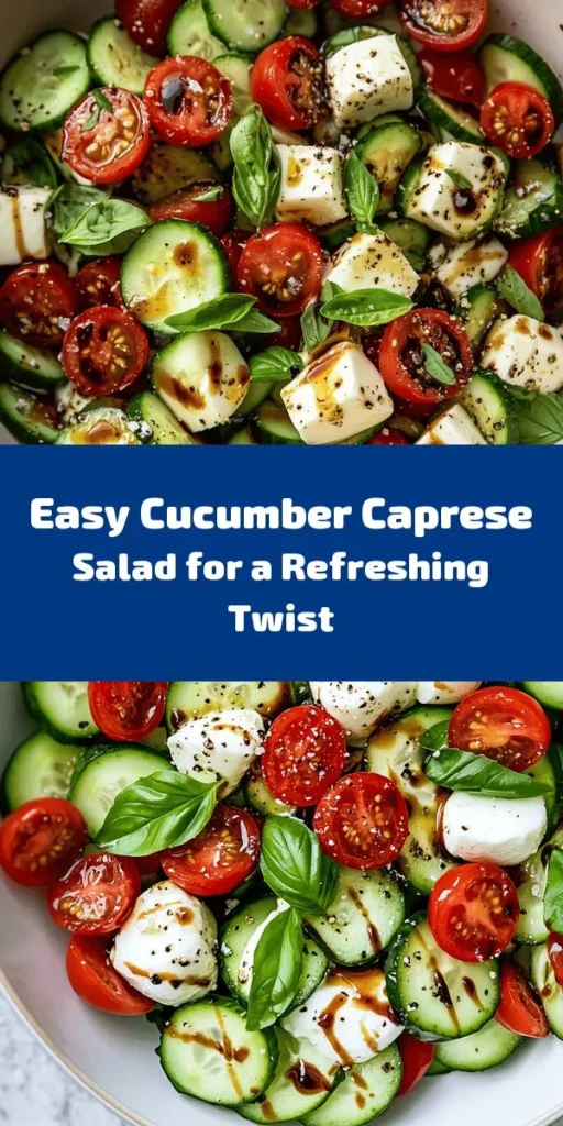Dive into summer with this Refreshing Cucumber Caprese Salad! Packed with juicy cucumbers, sweet cherry tomatoes, and creamy mozzarella, this salad is a delightful twist on the classic Caprese. Easy to make in just 10 minutes, it features fresh basil, a drizzle of balsamic glaze, and a touch of olive oil for added flavor. Perfect as a side dish or a light meal, this salad will keep you cool and satisfied all season long!
