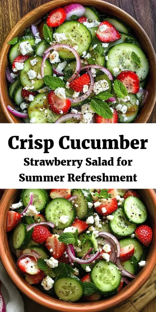 Looking for a refreshing and vibrant side dish? Try this Cucumber Strawberry Salad! Bursting with fresh flavors, it's made with crisp cucumbers, sweet strawberries, and tangy feta cheese, all tossed in a light balsamic dressing. Perfect for summer picnics or a light lunch, this salad is quick to prepare and takes just 15 minutes. Let it sit for a bit to meld those delicious flavors, and enjoy a healthy, tasty addition to your meal!
