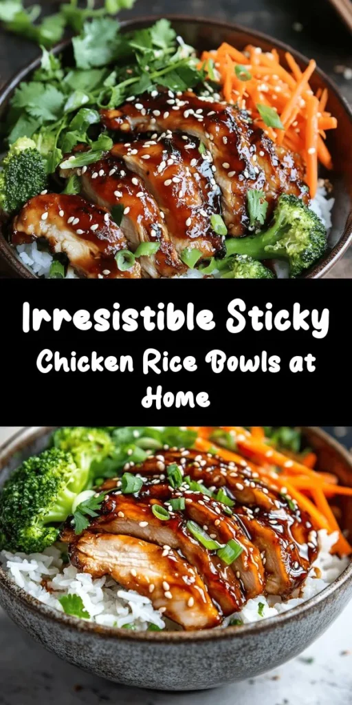 Elevate your dinner game with these Sticky Chicken Rice Bowls! Perfectly cooked jasmine rice topped with tender, marinated chicken thighs and vibrant stir-fried veggies including broccoli and carrots. This recipe combines sweet and savory flavors with a touch of heat, making it a delicious and satisfying meal. Garnish with green onions, sesame seeds, and fresh cilantro for an added burst of flavor. Easy to prepare and perfect for meal prep, your family will love this dish!