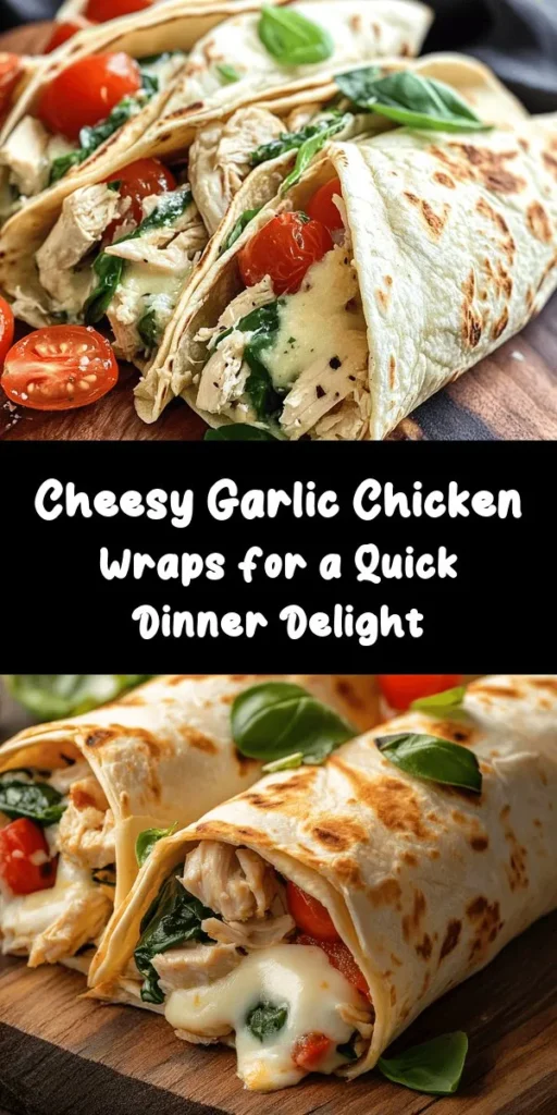 Savor the delicious flavors of Cheesy Garlic Chicken Wraps! These easy-to-make wraps are packed with shredded chicken, melty mozzarella, and cream cheese, seasoned to perfection with garlic and Italian spices. Fresh spinach and tomatoes add a burst of color and nutrition. Perfect for a quick dinner or meal prep, these wraps are golden and crispy on the outside, gooey and cheesy on the inside. Try serving them with your favorite dipping sauce for an extra treat!