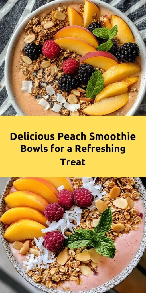 Indulge in a refreshing Peach Smoothie Bowl that’s perfect for breakfast or a snack! This easy recipe blends ripe peaches, frozen banana, Greek yogurt, almond milk, and chia seeds into a creamy delight. Top it off with fresh peaches, granola, coconut, almonds, and seasonal berries for a burst of flavor and nutrients. Ready in just 10 minutes, this delicious bowl is not only tasty but also a feast for the eyes. Grab a spoon and enjoy!