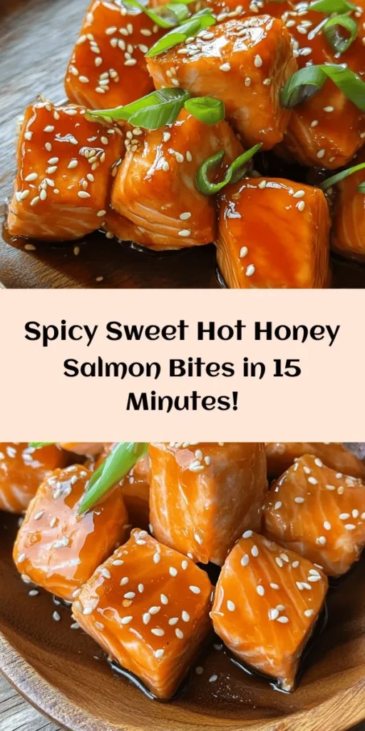 Looking for a quick and delicious dish? Try these Hot Honey Salmon Bites! Made with fresh salmon, a sweet and spicy homemade glaze, and topped with sesame seeds and green onions, they're perfect as an appetizer or a main course over rice. With just 10 minutes of prep and 15 minutes total cooking time, this recipe is simple yet packed with flavor. Ideal for weeknights or impressing guests, give these tasty bites a try!