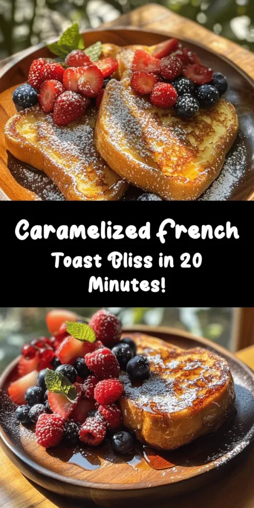 Indulge in this Caramelized Dreamy French Toast that's perfect for brunch or a delicious breakfast treat! Made with thick-cut brioche or challah, this recipe combines rich flavors of eggs, milk, vanilla, and cinnamon, all beautifully caramelized to perfection. Topped with fresh berries and a sprinkle of powdered sugar, it's an irresistible way to start your day. Quick to prep and utterly delightful, get ready to impress your family or friends!