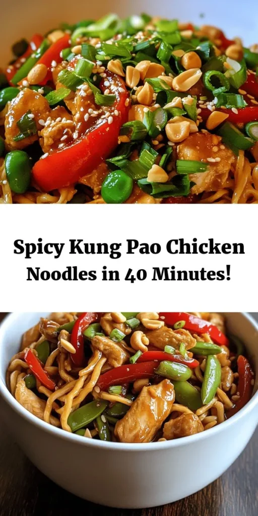 Discover the perfect blend of flavors with this Kung Pao Chicken Noodle recipe! Juicy marinated chicken meets vibrant veggies and chewy noodles, all tossed in a savory sauce that packs a punch. With simple ingredients like bell peppers and snap peas, you'll whip up a delicious dinner in just 40 minutes. Top it off with crunchy peanuts and fresh green onions for an authentic touch. Ideal for busy weeknights or impressing guests! Give it a try!