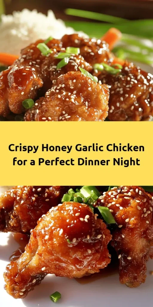 Satisfy your cravings with this delicious Crispy Chinese Honey Garlic Chicken! This easy recipe is perfect for a weeknight dinner, featuring tender, bite-sized chicken thighs coated in a light, crispy batter and tossed in a rich honey garlic sauce. With a prep time of just 10 minutes, you'll have a flavorful dish ready in only 30 minutes. Serve it hot, garnished with sesame seeds and green onions, over steamed rice or alongside your favorite veggies. Get ready for a taste explosion!